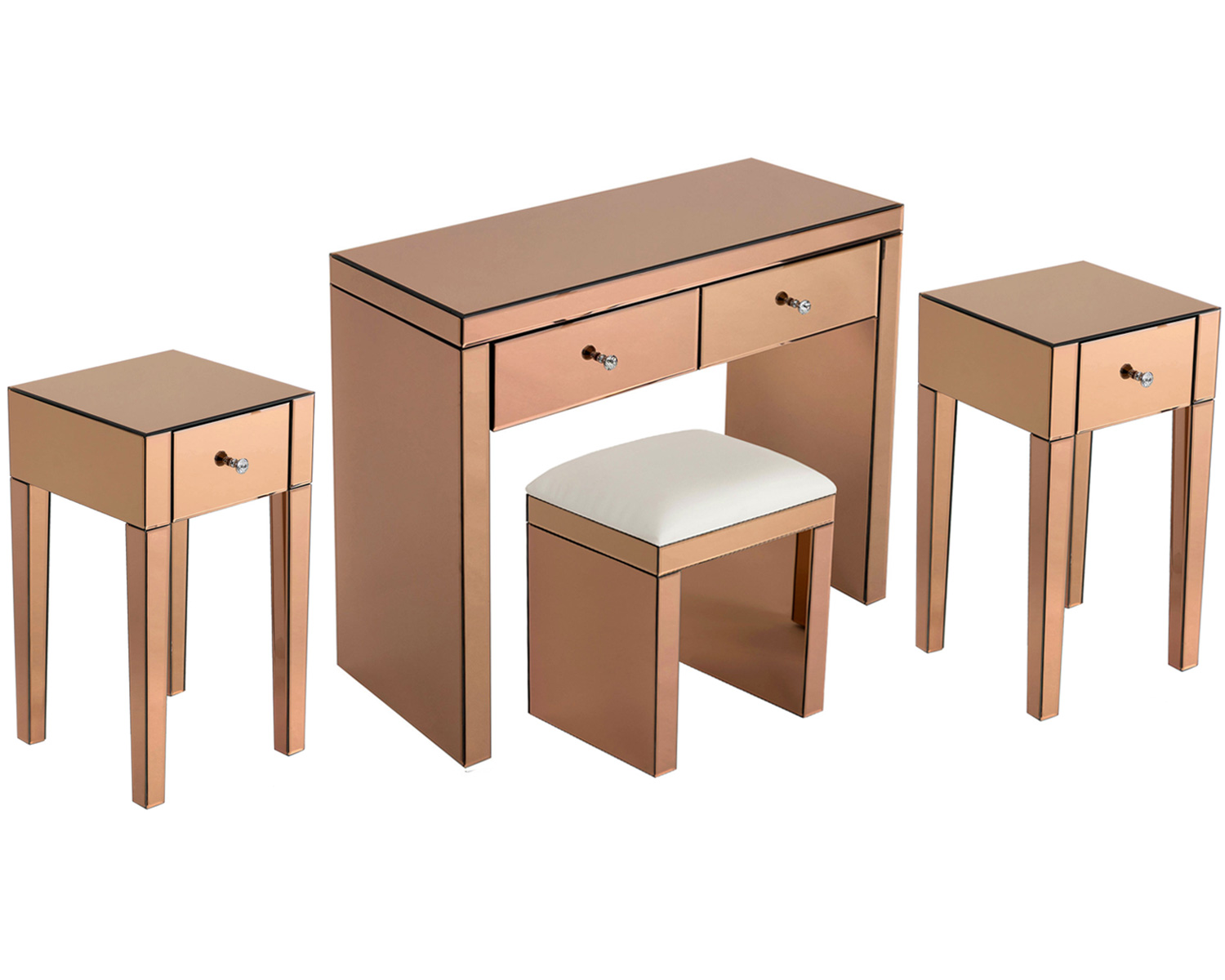 Monroe Console Table Set with 2 x 1 Drawer Bedside Tables and Mirrored Stool in Rose Gold