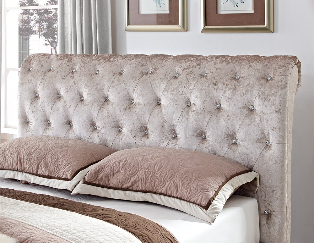 Chesterfield (4ft 6" Double) Sleigh Designer Bed in Champagne Crushed Velvet