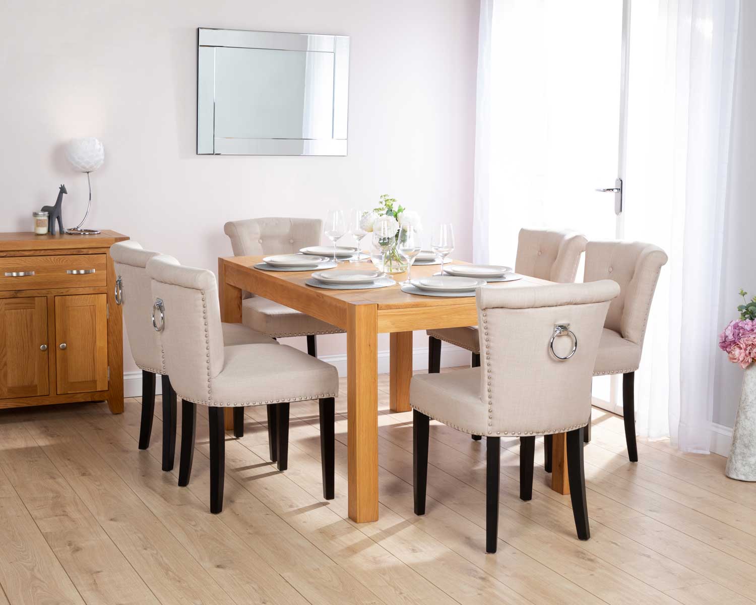 Rectangular Oak Dining Table and 6 Cream Linen Camden Dining Chairs with Chrome Knocker and Black Legs