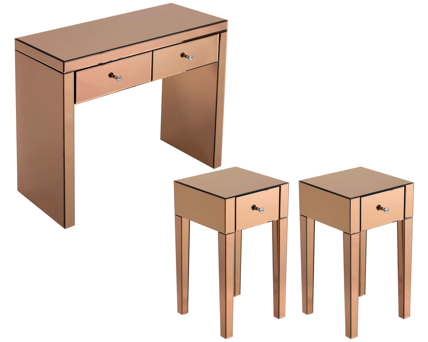 Monroe Console Table Set with 2 x 1 Drawer Bedside Tables in Rose Gold