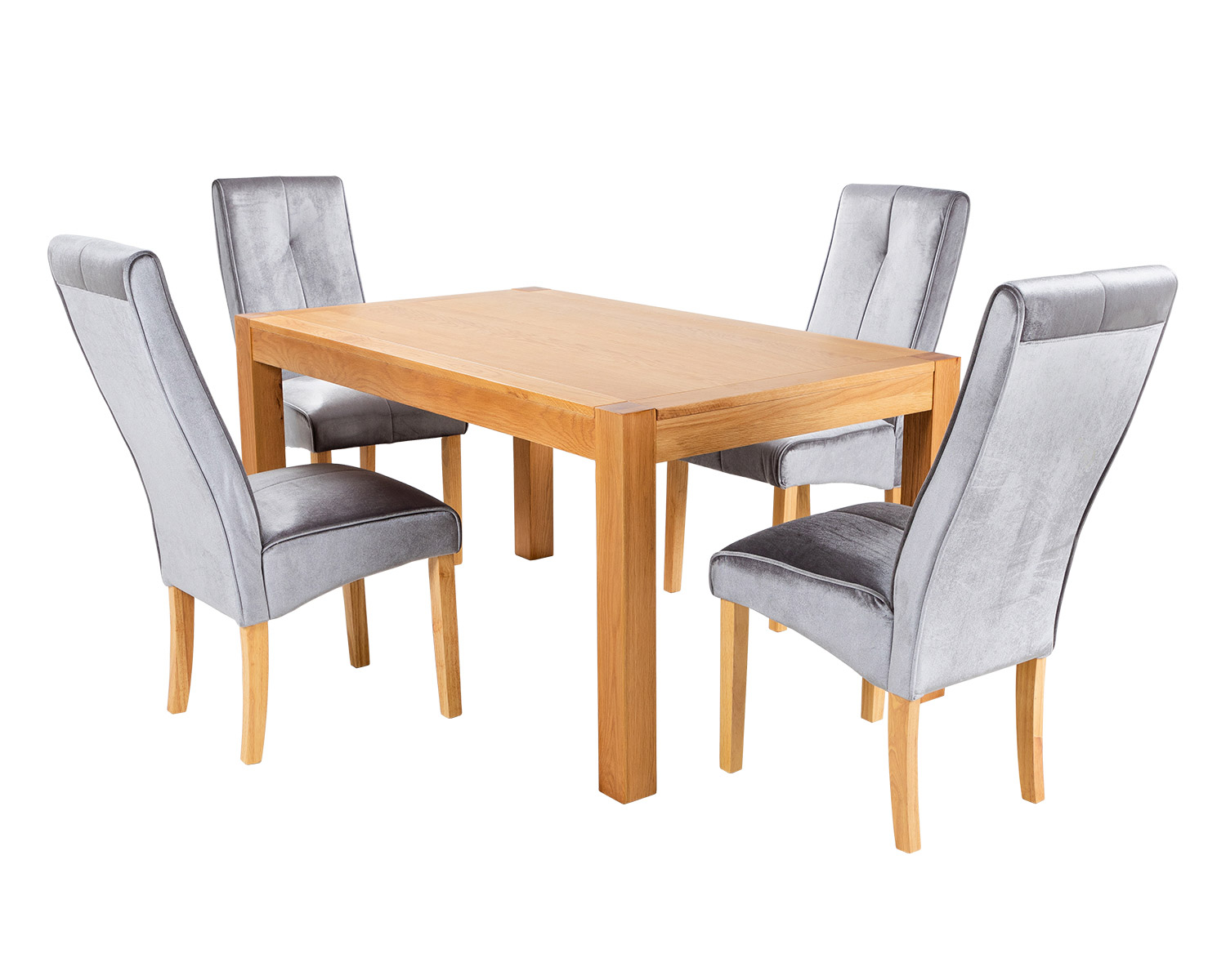Rectangular Oak Dining Table and 4 Grey Velvet Vienna Dining Chairs