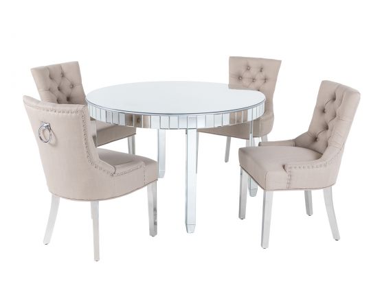 Paris Mirrored Circular Dining Table With 4 Verona Chairs In Cream Linen Chrome Legs Paris Mirrored Circular Dining Table, Mirrored Round Dining Table Uk