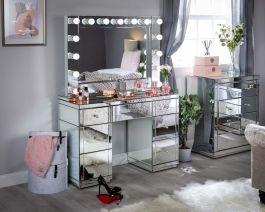 Monroe Silver Mirrored Dressing Table Set with Large Hollywood Mirror