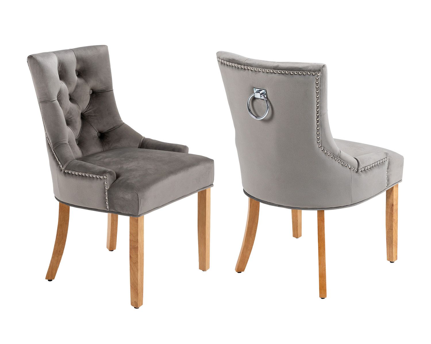 Grey Velvet Dining Chair with Oak Finish Legs and Chrome Knocker and