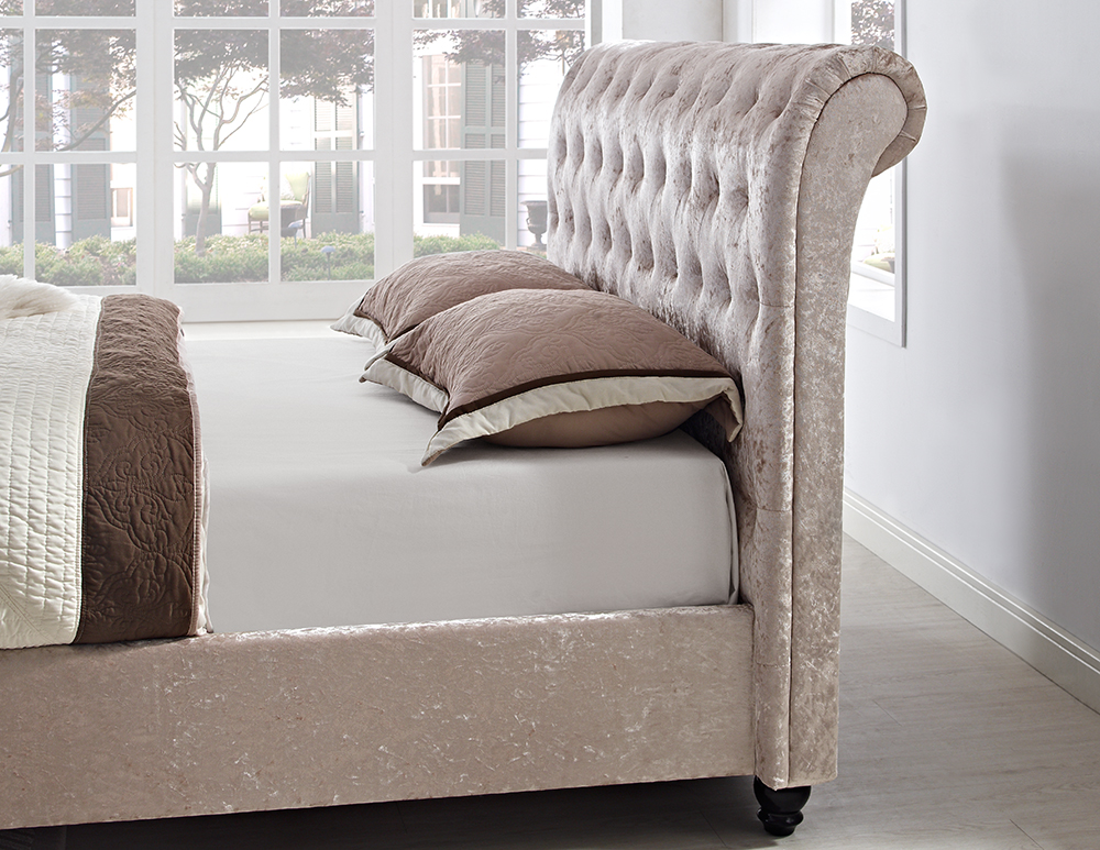 Champagne Crushed Velvet Upholstered Chesterfield Sleigh Bed Frame 