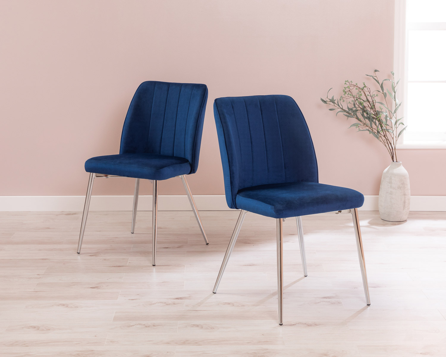 Product photograph of Pair Of Royal Blue Velvet Dining Chairs With Chrome Legs - Ella from Lifestyle Furniture