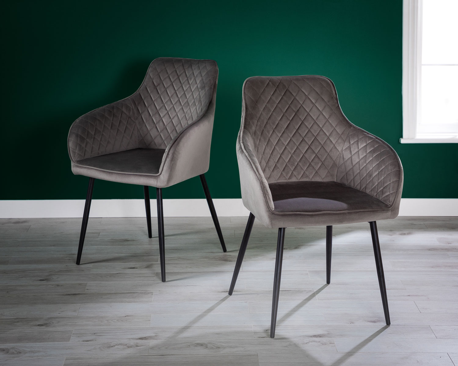 Product photograph of Pair Of Grey Velvet Carver Dining Chairs With Black Legs - Hampton from Lifestyle Furniture.