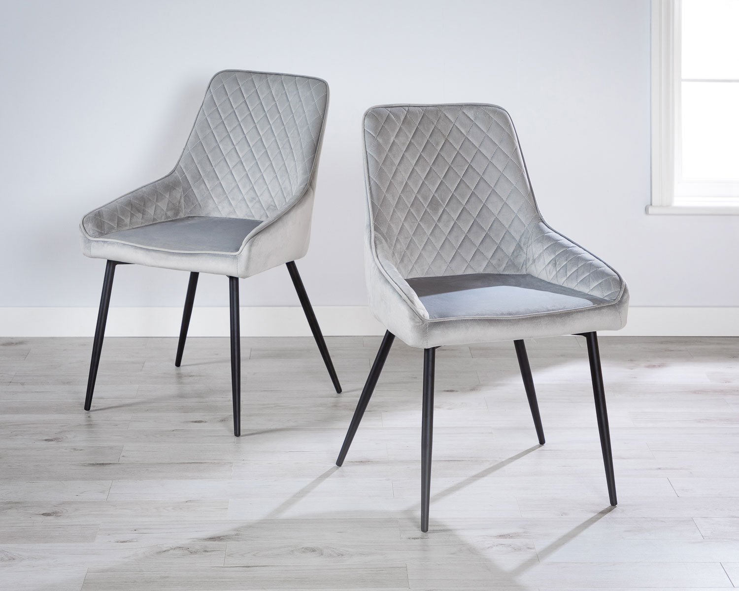 Pair of Light Grey Velvet Dining Chairs with Black Legs - Hampton