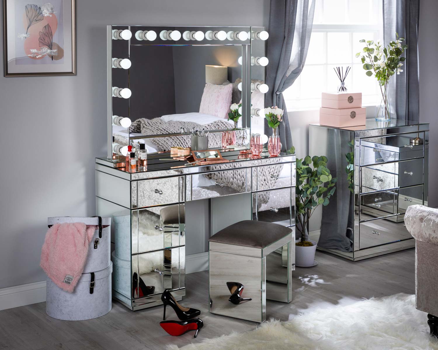 Silver Mirrored Dressing Table Set with Stool and Large Hollywood Mirror - Monroe