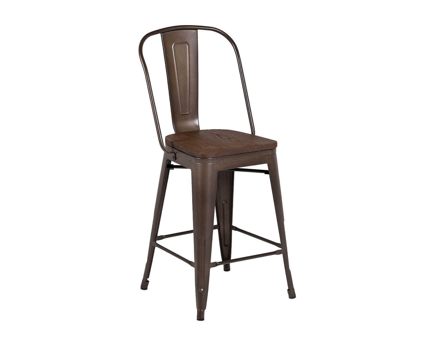 Product photograph of Pair Of Tolix Style Bar Stools In Gunmetal Matte With Dark Elm Seat from Lifestyle Furniture.