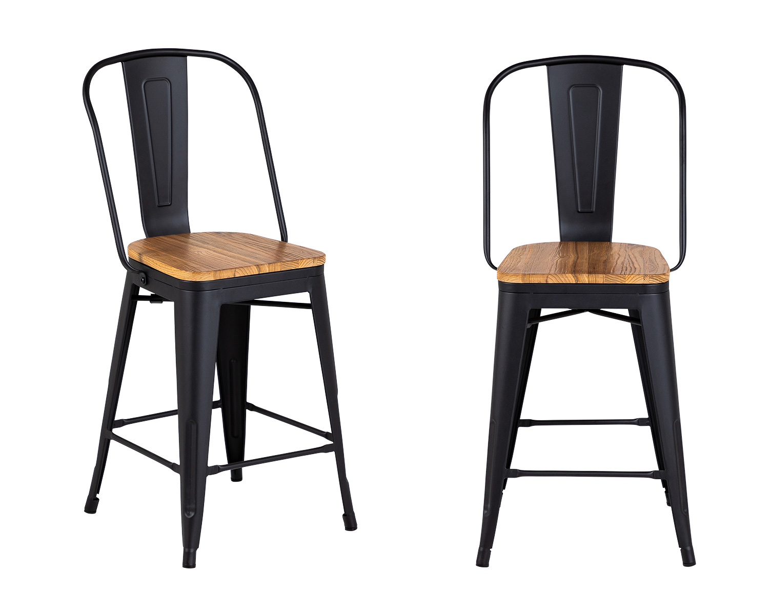 Pair of Tolix Style Bar Stools in Black Matte with Natural Elm Seat