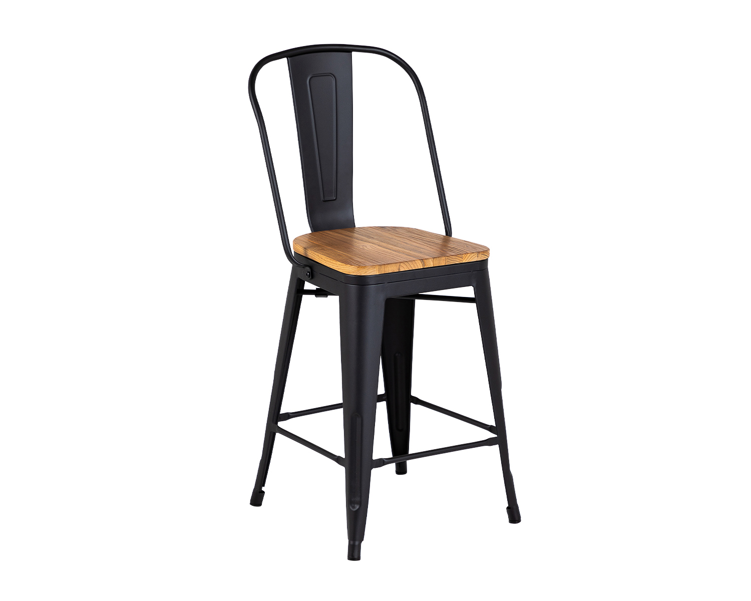 Product photograph of Pair Of Tolix Style Bar Stools In Black Matte With Natural Elm Seat from Lifestyle Furniture.