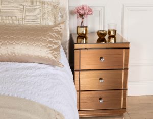Rose Gold Three Drawer Mirrored Bedside Table
