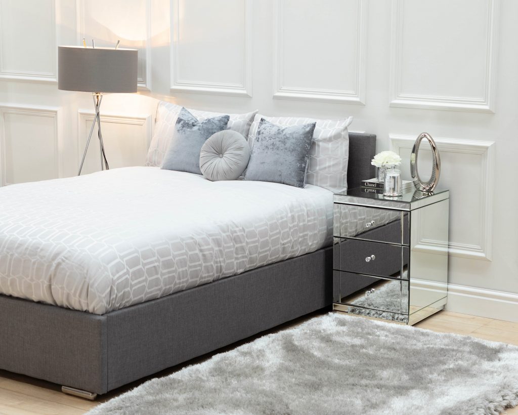 Double Bed in Grey Linen and Three Drawer Bedside Table