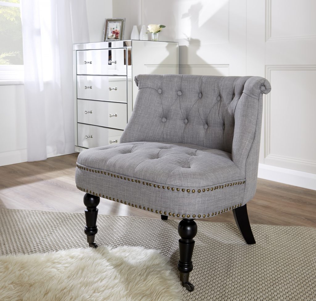 Four Drawer Mirrored Chest and Olivia Grey Linen Accent Chair